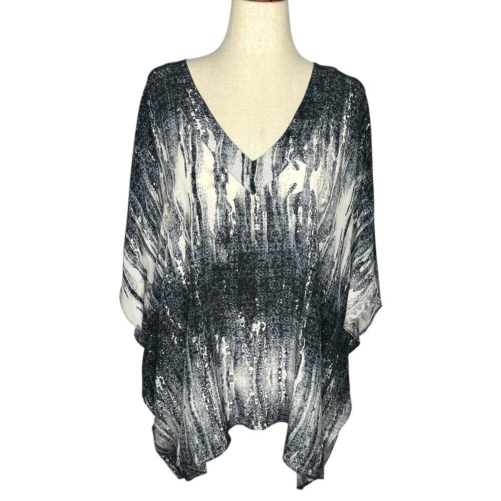 Tangerine NYC Blouse Women's L Blue 100% Silk Abstract Print Kaftan Lagenlook